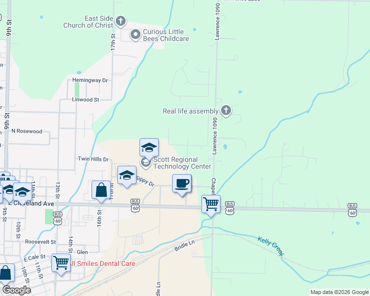 map of restaurants, bars, coffee shops, grocery stores, and more near 1120 Woodland Ridge Drive in Monett