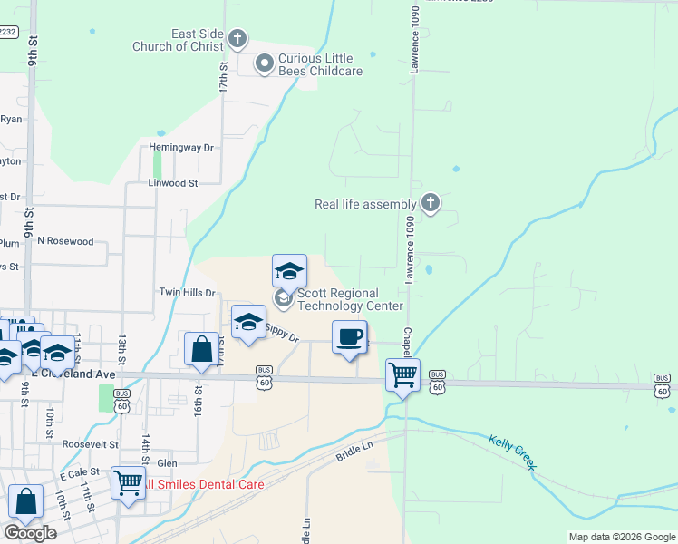 map of restaurants, bars, coffee shops, grocery stores, and more near 1120 Woodland Ridge Drive in Monett