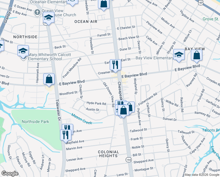 map of restaurants, bars, coffee shops, grocery stores, and more near 8555 Old Ocean View Road in Norfolk