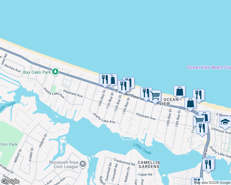 map of restaurants, bars, coffee shops, grocery stores, and more near 3022 East Ocean View Avenue in Norfolk