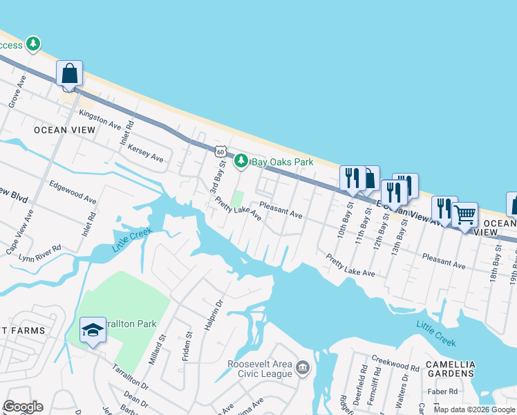 map of restaurants, bars, coffee shops, grocery stores, and more near 9603 5th Bay Street in Norfolk