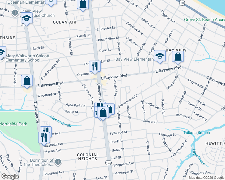 map of restaurants, bars, coffee shops, grocery stores, and more near 8578 Wayland Street in Norfolk