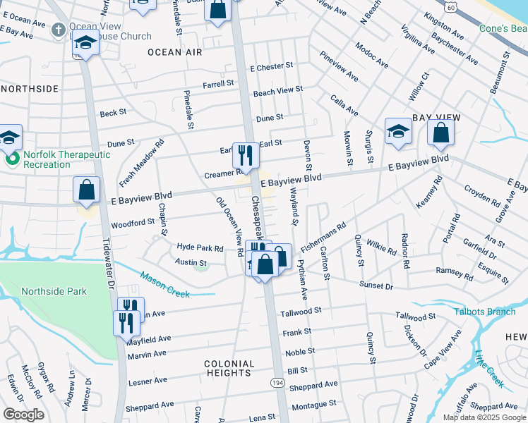 map of restaurants, bars, coffee shops, grocery stores, and more near 8582 Chesapeake Boulevard in Norfolk