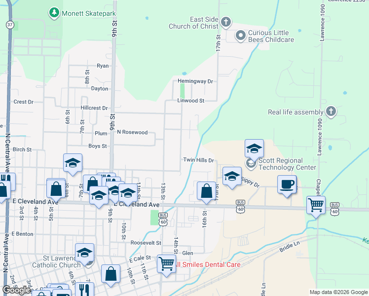 map of restaurants, bars, coffee shops, grocery stores, and more near 1101 North 14th Street in Monett