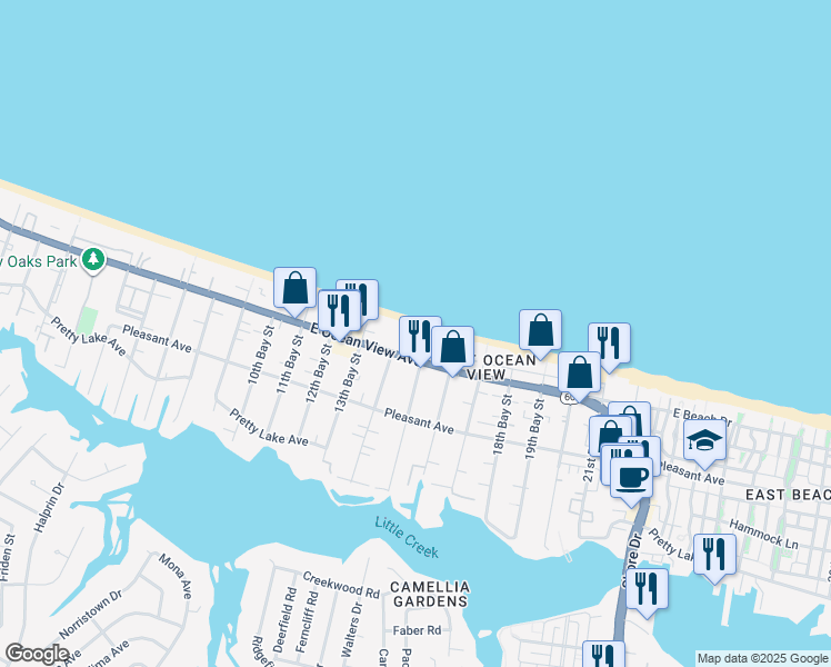 map of restaurants, bars, coffee shops, grocery stores, and more near 3410 East Ocean View Avenue in Norfolk