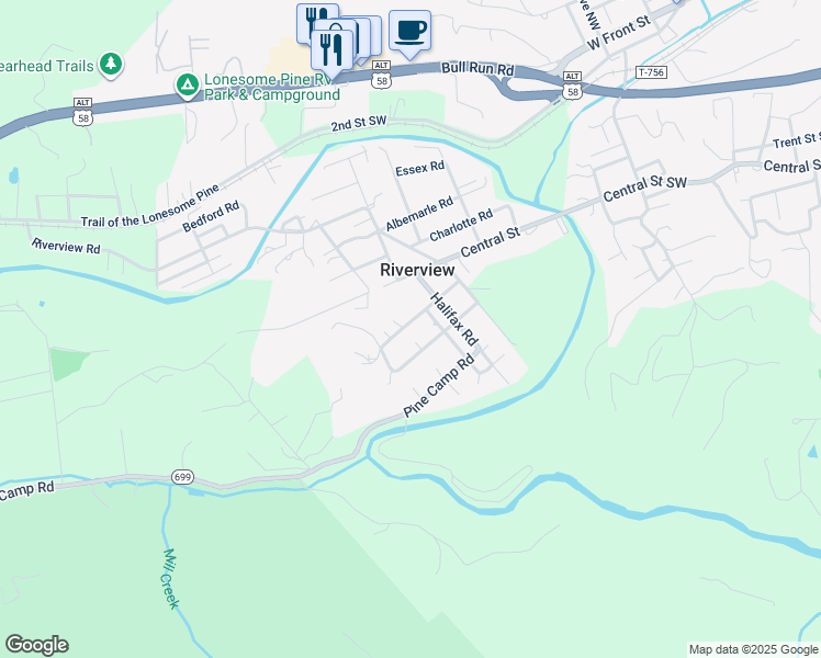 map of restaurants, bars, coffee shops, grocery stores, and more near 11618 Powhatan Road in Coeburn