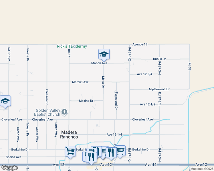 map of restaurants, bars, coffee shops, grocery stores, and more near 12703 Mesa Drive in Madera