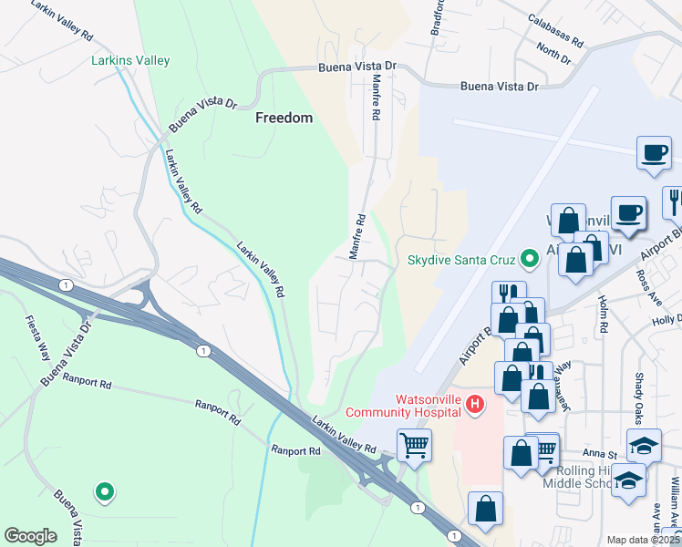 map of restaurants, bars, coffee shops, grocery stores, and more near 135 Evergreen Way in Watsonville