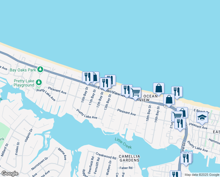 map of restaurants, bars, coffee shops, grocery stores, and more near 3302 East Ocean View Avenue in Norfolk