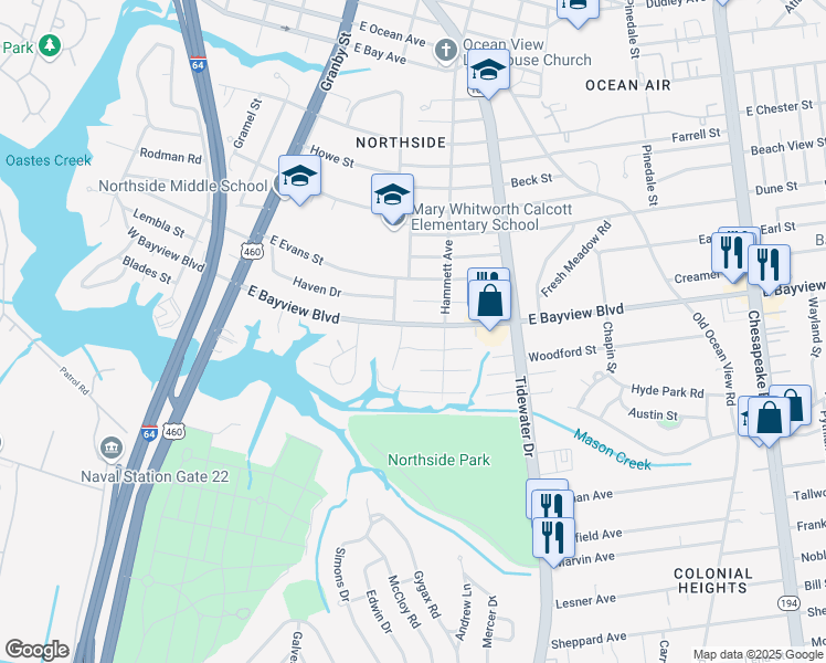 map of restaurants, bars, coffee shops, grocery stores, and more near 264 East Bayview Boulevard in Norfolk