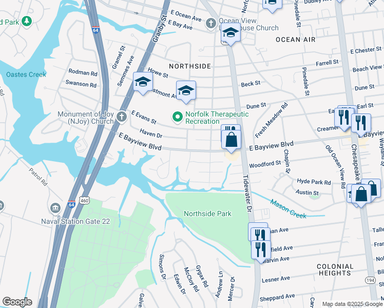 map of restaurants, bars, coffee shops, grocery stores, and more near 218 East Bayview Boulevard in Norfolk