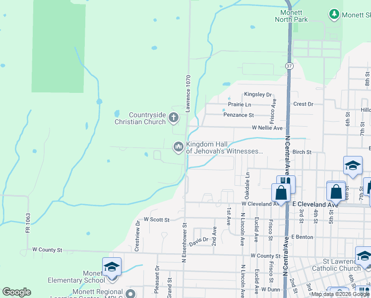 map of restaurants, bars, coffee shops, grocery stores, and more near 1355 North Eisenhower Street in Monett