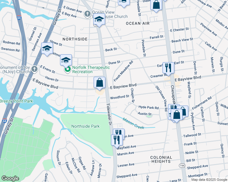 map of restaurants, bars, coffee shops, grocery stores, and more near 419 East Bayview Boulevard in Norfolk