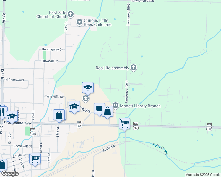 map of restaurants, bars, coffee shops, grocery stores, and more near 1120 Woodland Ridge Drive in Monett
