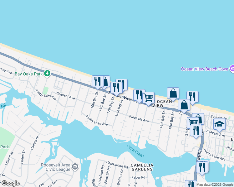 map of restaurants, bars, coffee shops, grocery stores, and more near 3226 East Ocean View Avenue in Norfolk
