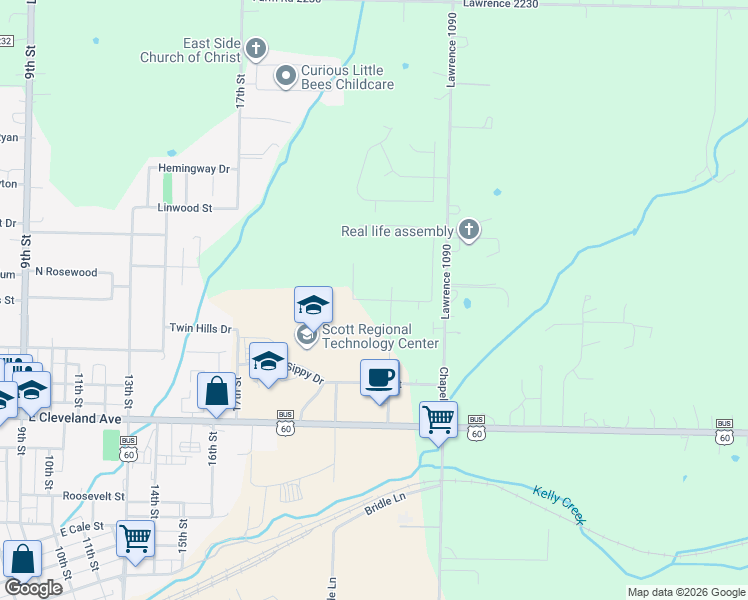 map of restaurants, bars, coffee shops, grocery stores, and more near 1120 Woodland Ridge Drive in Monett
