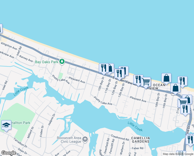 map of restaurants, bars, coffee shops, grocery stores, and more near 2925 East Ocean View Avenue in Norfolk