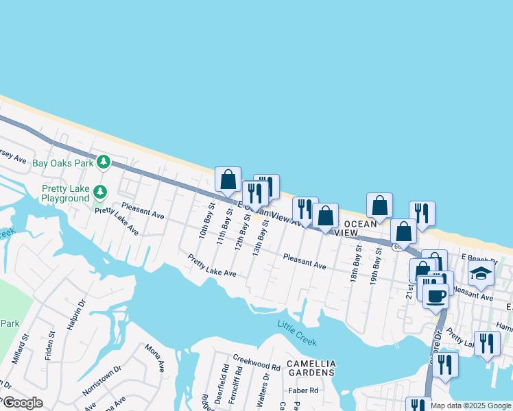 map of restaurants, bars, coffee shops, grocery stores, and more near 3224 East Ocean View Avenue in Norfolk