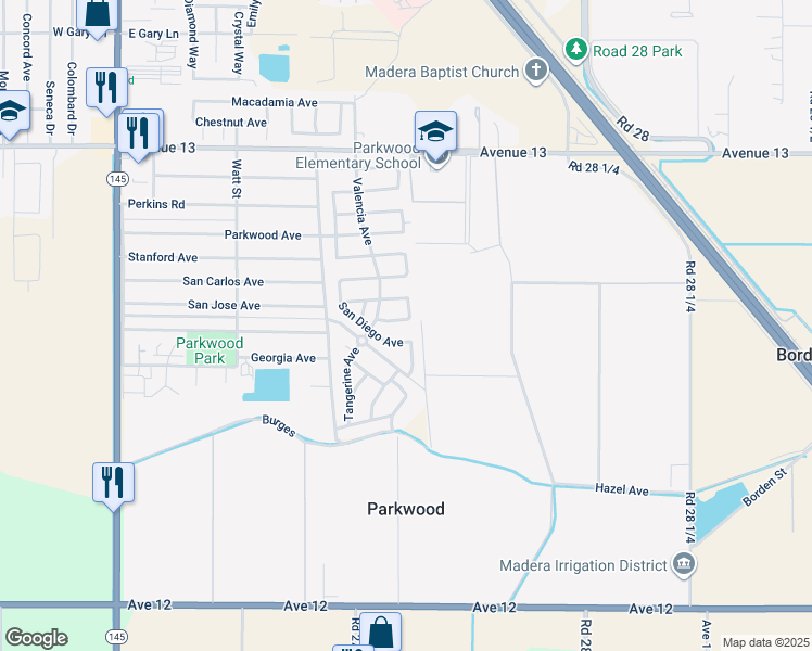 map of restaurants, bars, coffee shops, grocery stores, and more near 1039 San Ramon Avenue in Madera