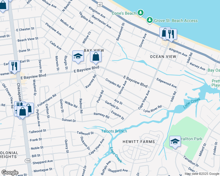 map of restaurants, bars, coffee shops, grocery stores, and more near 1616 Broadfield Road in Norfolk