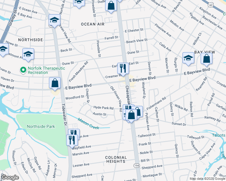 map of restaurants, bars, coffee shops, grocery stores, and more near 8555 Old Ocean View Road in Norfolk