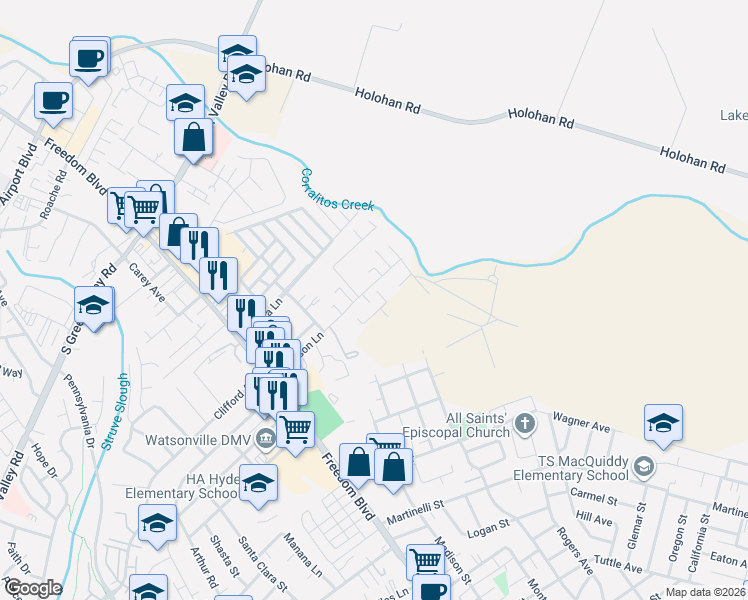 map of restaurants, bars, coffee shops, grocery stores, and more near 101 Atkinson Lane in Watsonville