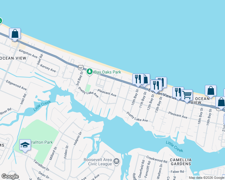 map of restaurants, bars, coffee shops, grocery stores, and more near 9620 7th Bay Street in Norfolk