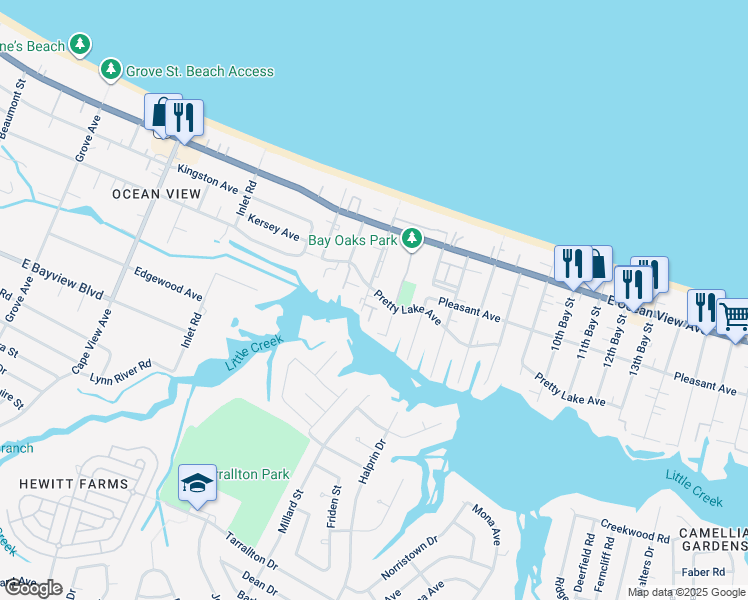 map of restaurants, bars, coffee shops, grocery stores, and more near 2310 Pretty Lake Avenue in Norfolk