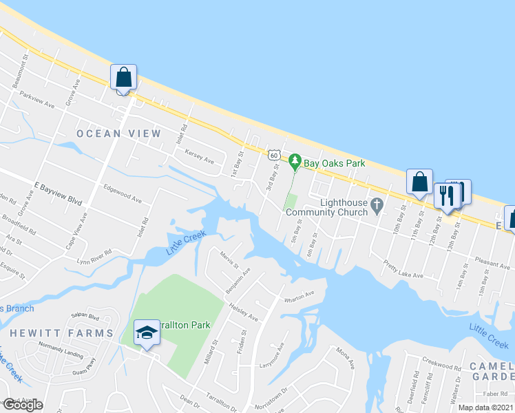 map of restaurants, bars, coffee shops, grocery stores, and more near 2201 Pretty Lake Avenue in Norfolk