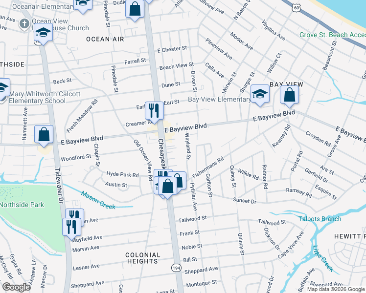 map of restaurants, bars, coffee shops, grocery stores, and more near 8578 Wayland Street in Norfolk