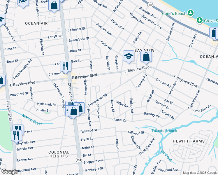 map of restaurants, bars, coffee shops, grocery stores, and more near 8515 Quincy Street in Norfolk