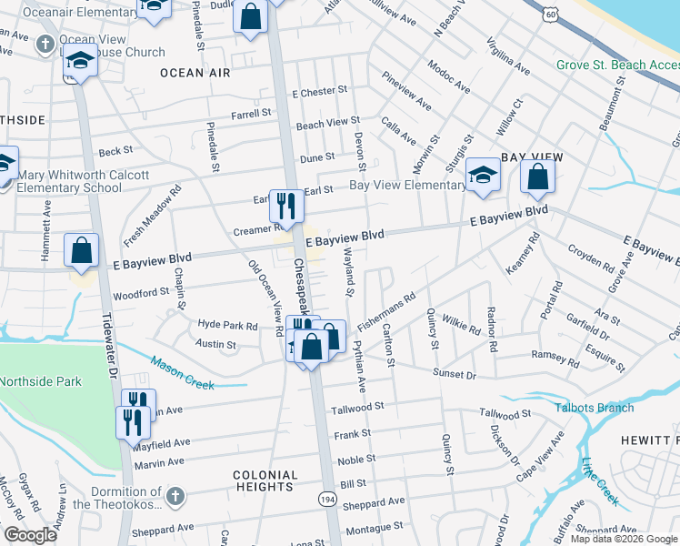map of restaurants, bars, coffee shops, grocery stores, and more near 8578 Wayland Street in Norfolk