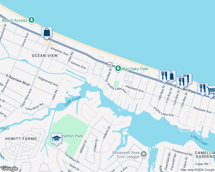map of restaurants, bars, coffee shops, grocery stores, and more near 2310 Pretty Lake Avenue in Norfolk