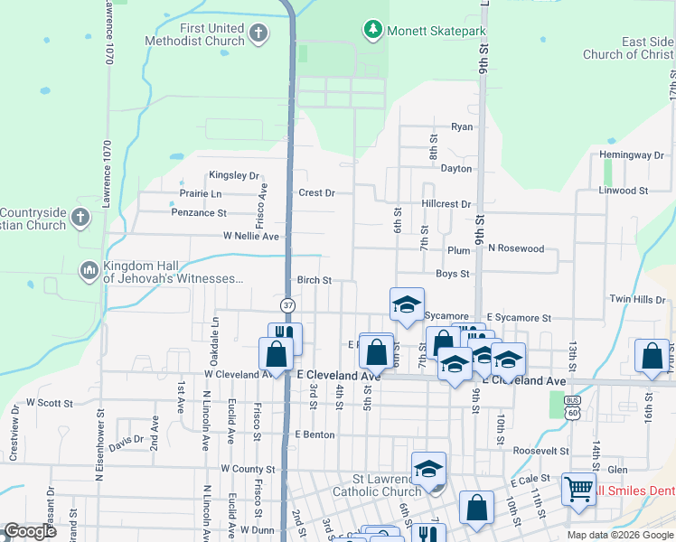 map of restaurants, bars, coffee shops, grocery stores, and more near 241-299 Brown St in Monett