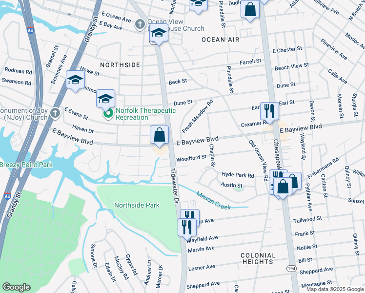 map of restaurants, bars, coffee shops, grocery stores, and more near 419 East Bayview Boulevard in Norfolk