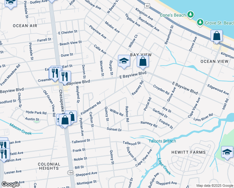 map of restaurants, bars, coffee shops, grocery stores, and more near 1401 Fishermans Road in Norfolk