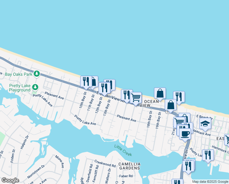 map of restaurants, bars, coffee shops, grocery stores, and more near 3302 E Ocean View Ave in Norfolk