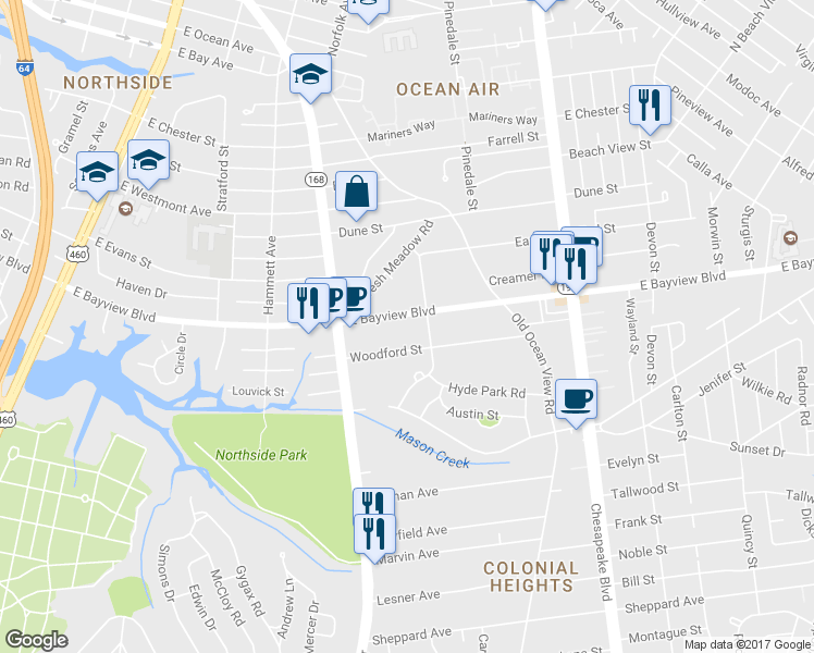 map of restaurants, bars, coffee shops, grocery stores, and more near 459 East Bayview Boulevard in Norfolk