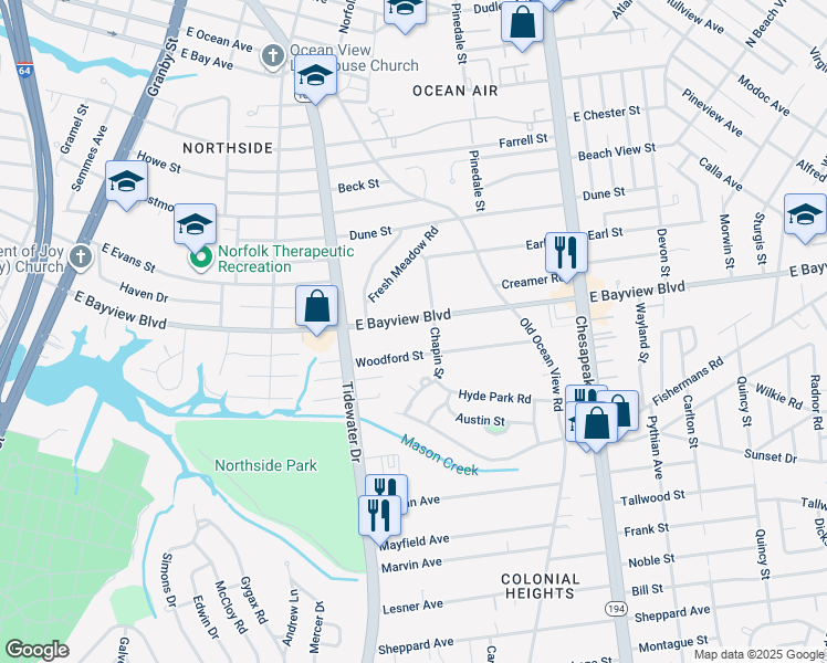 map of restaurants, bars, coffee shops, grocery stores, and more near 459 East Bayview Boulevard in Norfolk