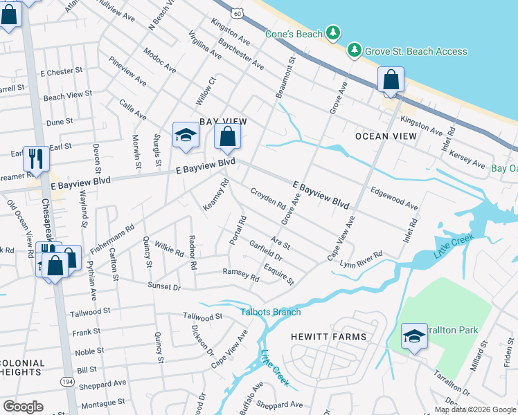 map of restaurants, bars, coffee shops, grocery stores, and more near 1610 Broadfield Road in Norfolk