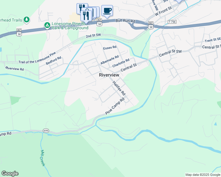 map of restaurants, bars, coffee shops, grocery stores, and more near 11618 Powhatan Road in Coeburn