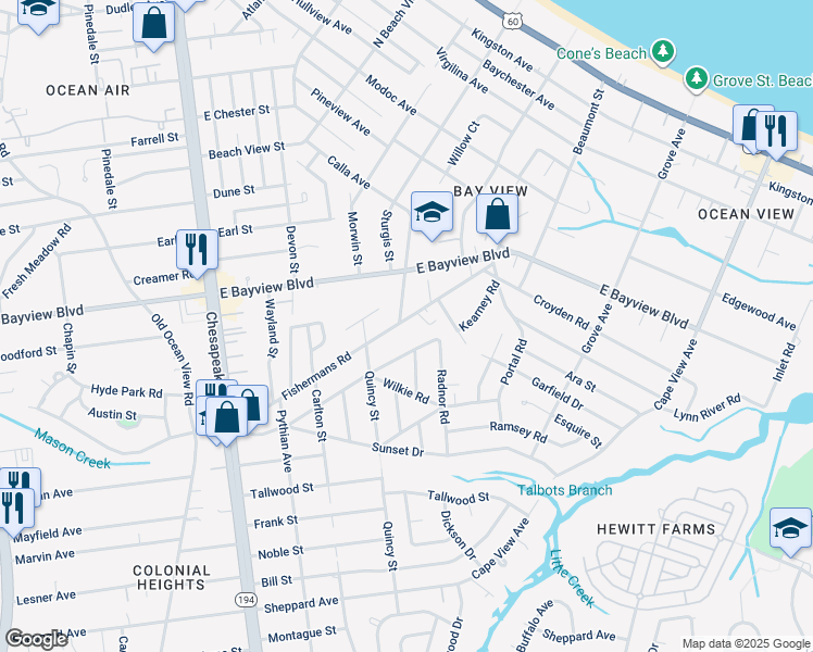 map of restaurants, bars, coffee shops, grocery stores, and more near 1401 Fishermans Road in Norfolk
