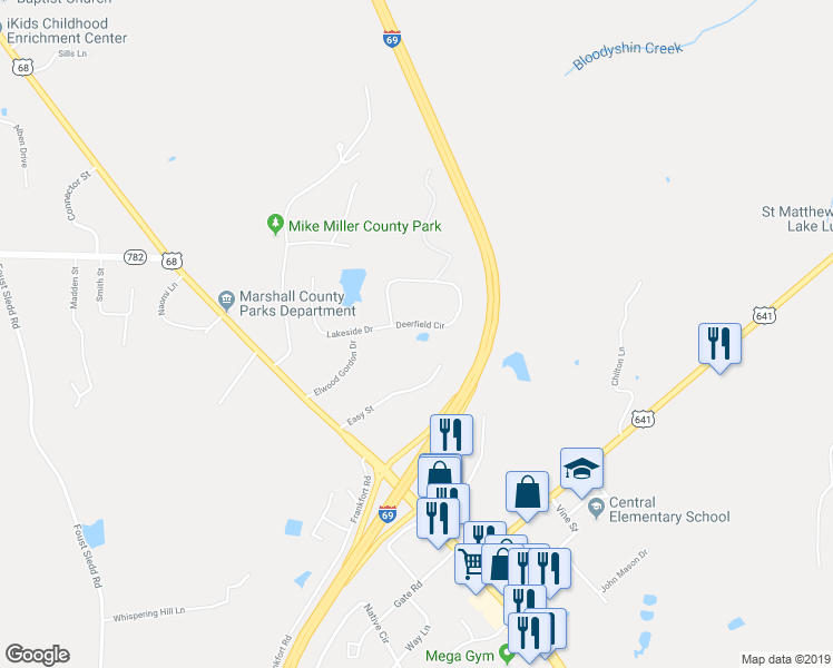 map of restaurants, bars, coffee shops, grocery stores, and more near 135 Deerfield Circle in Benton
