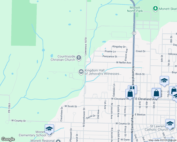 map of restaurants, bars, coffee shops, grocery stores, and more near 1355-1383 North Eisenhower Street in Monett