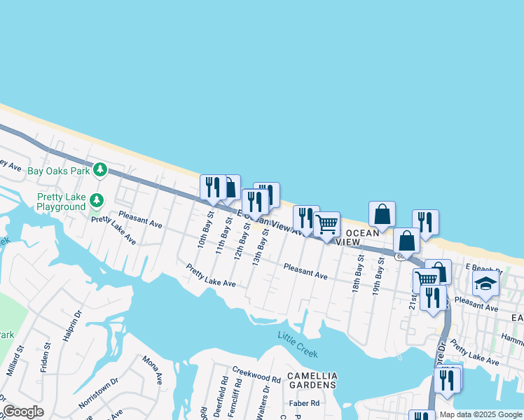 map of restaurants, bars, coffee shops, grocery stores, and more near 3184 East Ocean View Avenue in Norfolk