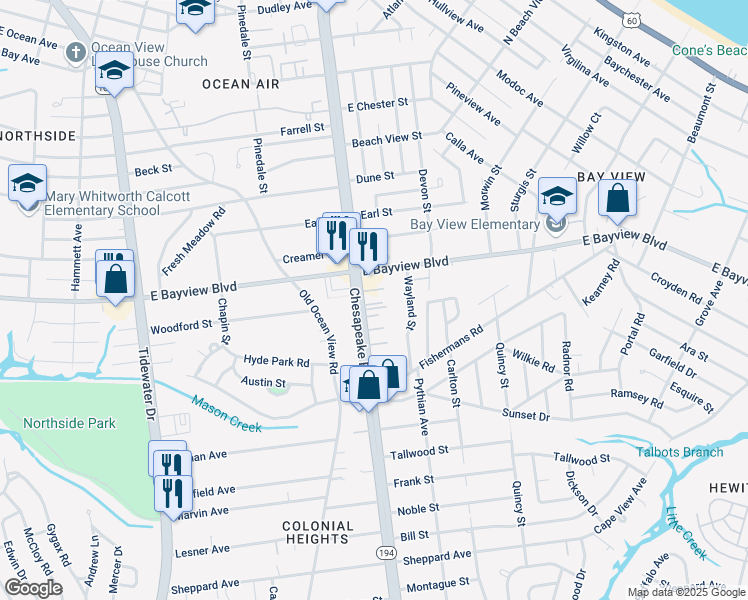 map of restaurants, bars, coffee shops, grocery stores, and more near 8576 Chesapeake Boulevard in Norfolk