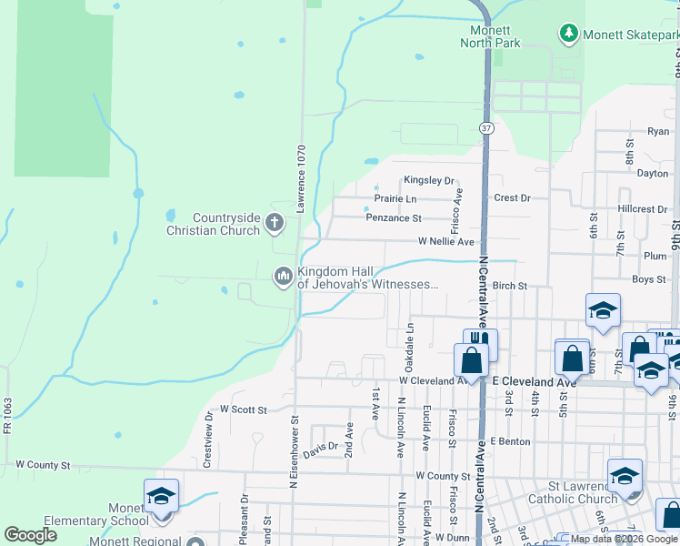 map of restaurants, bars, coffee shops, grocery stores, and more near 411 Schulz Avenue in Monett