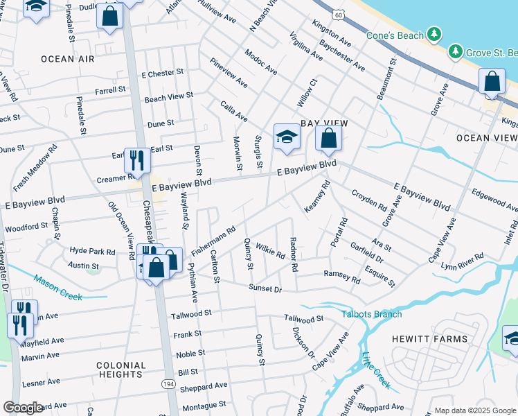 map of restaurants, bars, coffee shops, grocery stores, and more near 1390 Fishermans Road in Norfolk