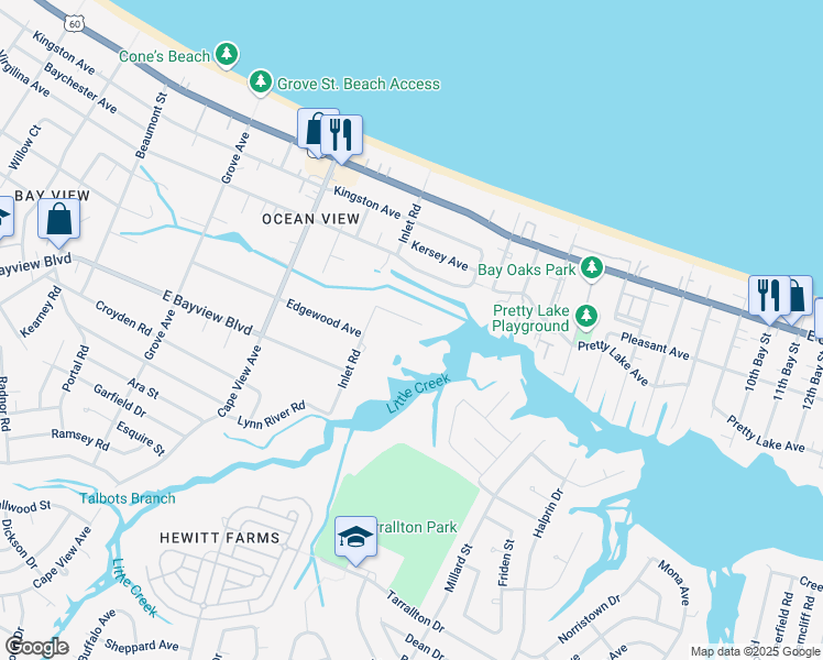 map of restaurants, bars, coffee shops, grocery stores, and more near 2035 Inlet Point Road in Norfolk