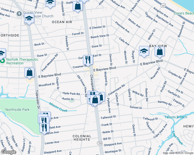 map of restaurants, bars, coffee shops, grocery stores, and more near 8576 Chesapeake Boulevard in Norfolk